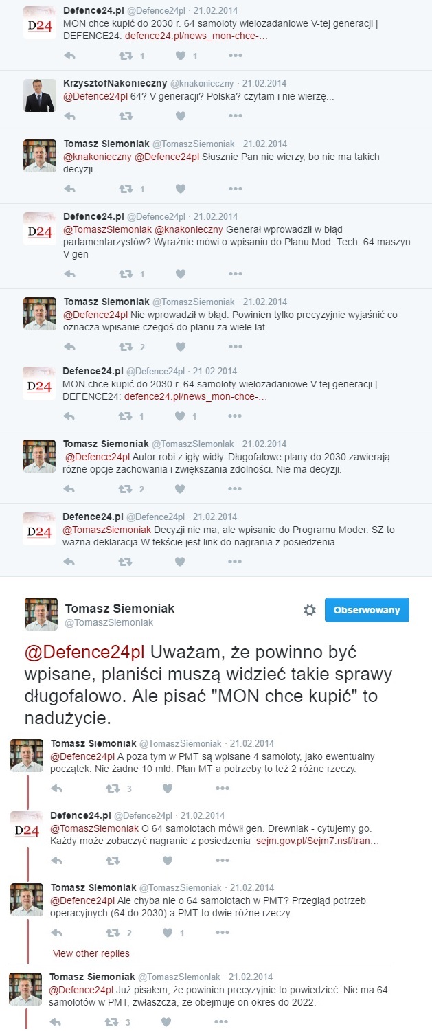 Wypowiedzi ówczesnego ministra obrony narodowej Tomasza Siemoniaka ws. zakupu przez Polskę myśliwców 5. generacji.